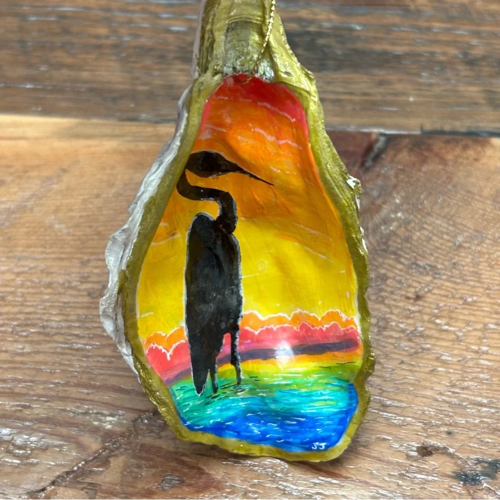 Hand-Painted Egret Oyster Shell Ornament